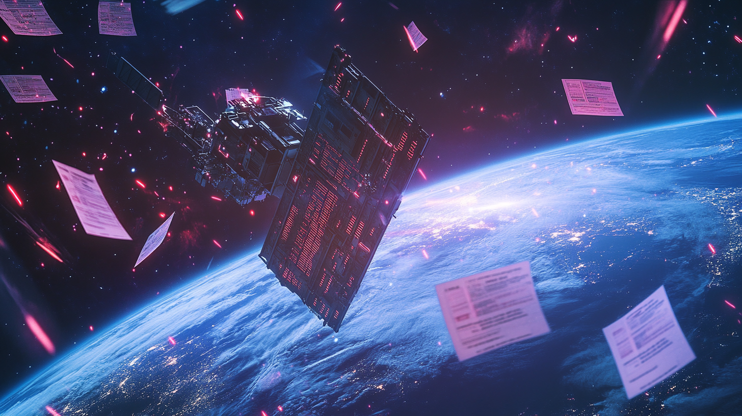 Das Bild zeigt einen Satelliten im Weltraum, umgeben von schwebenden Dokumenten und einem strahlenden Erdblick im Hintergrund. Futuristisch und geheimnisvoll.