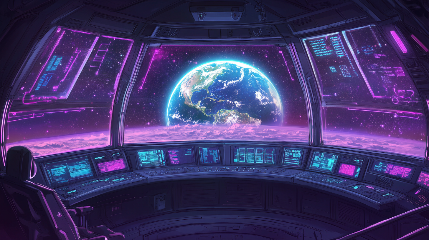 Das Bild zeigt das Innere eines futuristischen Raumschiffs mit Blick auf die Erde. Bunte Bildschirme und eine kosmische Umgebung schaffen eine spannende Atmosphäre.