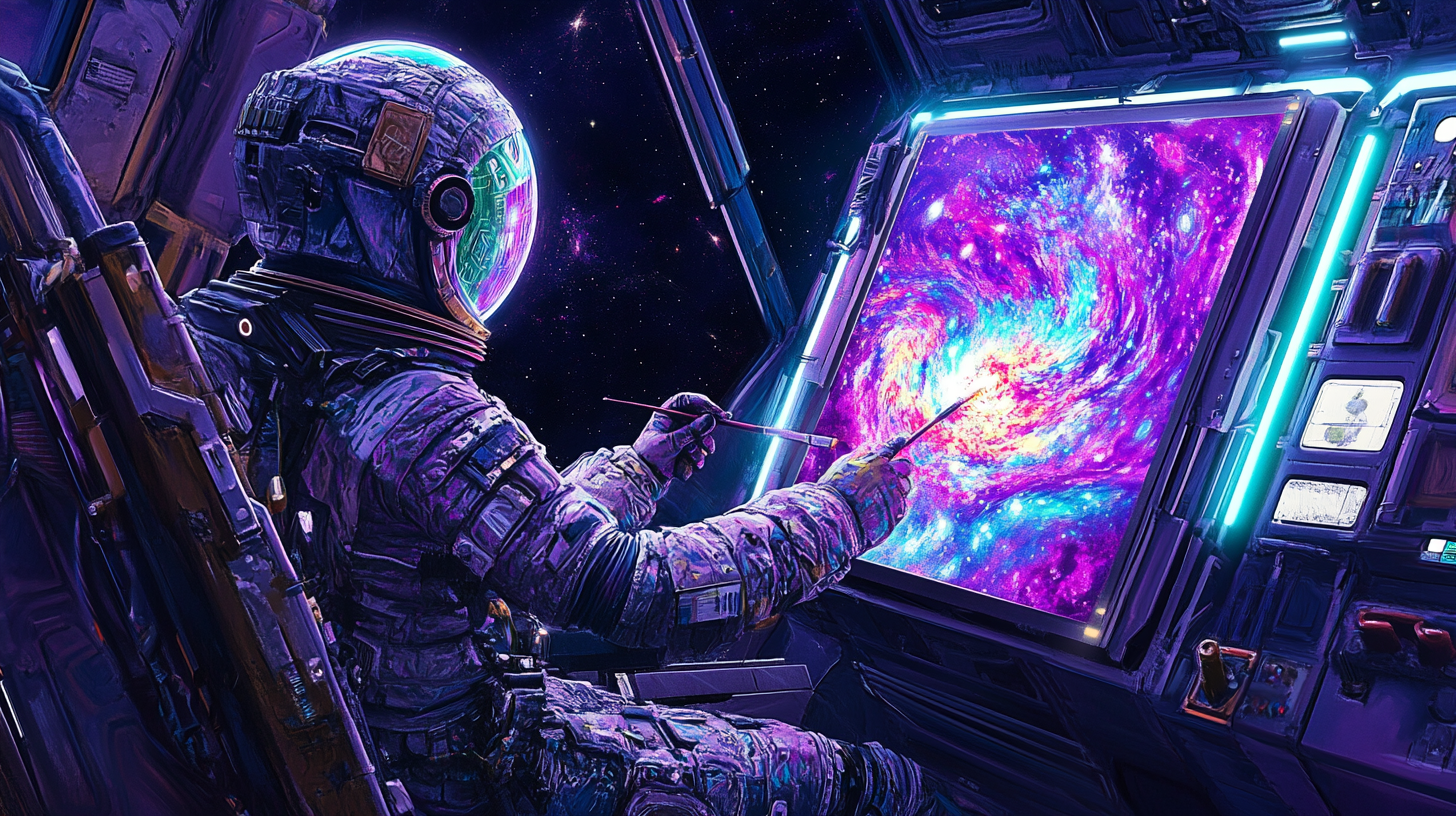 Ein Astronaut im Raumanzug sitzt in einem Raumschiff und malt eine farbenfrohe Galaxie auf einem futuristischen Bildschirm.